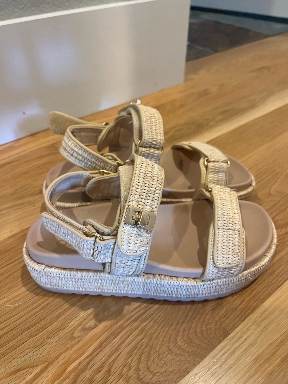 Madden Girl Cream Woven Strap women’s Sandals with Gold Accents